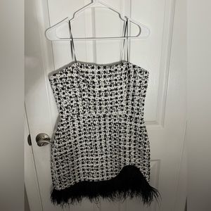 Amanda Uprichard Black and White Tweed Mini Dress with Feather Hem